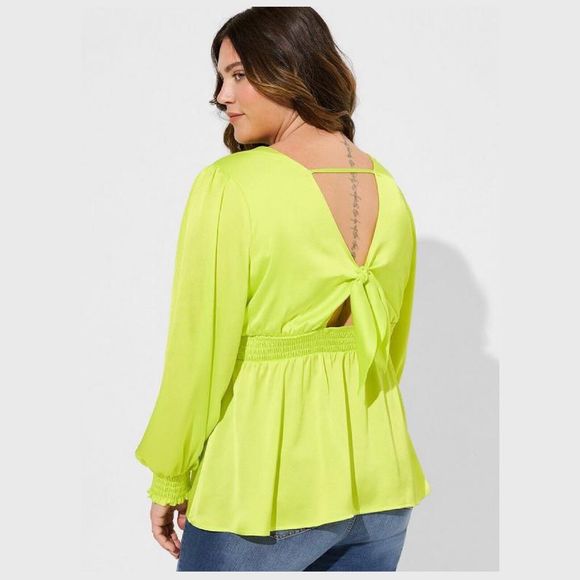 Torrid Satin Surplice Tie Cut Out Back Long Sleeve Blouse 4XL Chartreuse Yellow - Picture 2 of 8